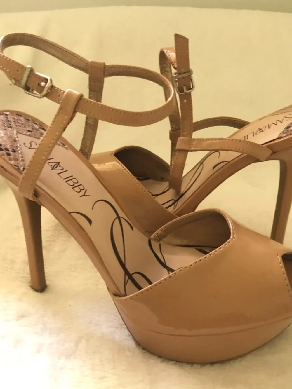 Sam & Libby Nude Patent Peep-Toe Platform Stiletto Heels US 9.5